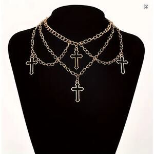 Gold Layered Cross Necklace Multi Chain Pendant Choker Statement Jewelry Women